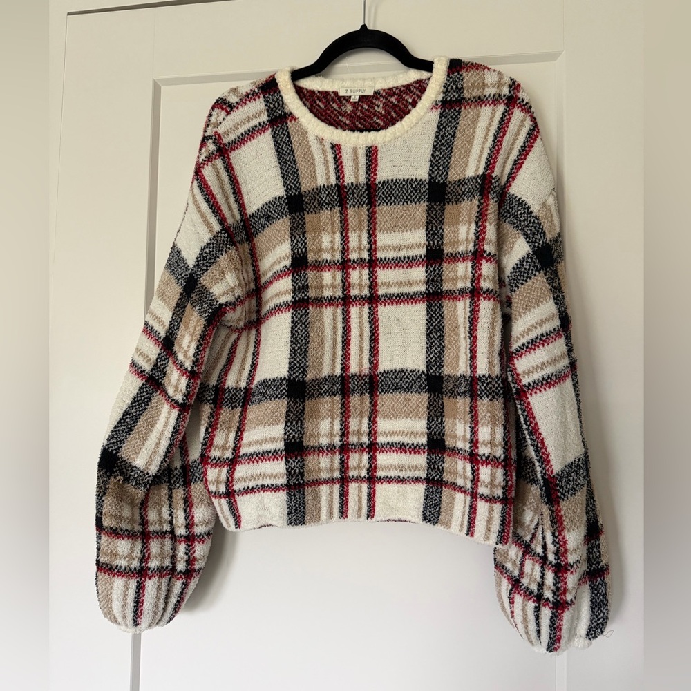 NWOT Z Supply Red, Black & Cream Plaid Textured Sweater Soft Cozy Fuzzy Fabric
